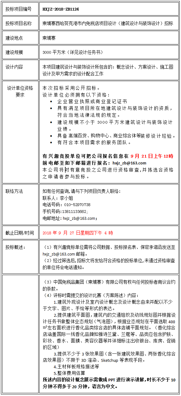 柬埔寨西哈努克港市內(nèi)免稅店項目設(shè)計（建筑設(shè)計與裝飾設(shè)計）招標