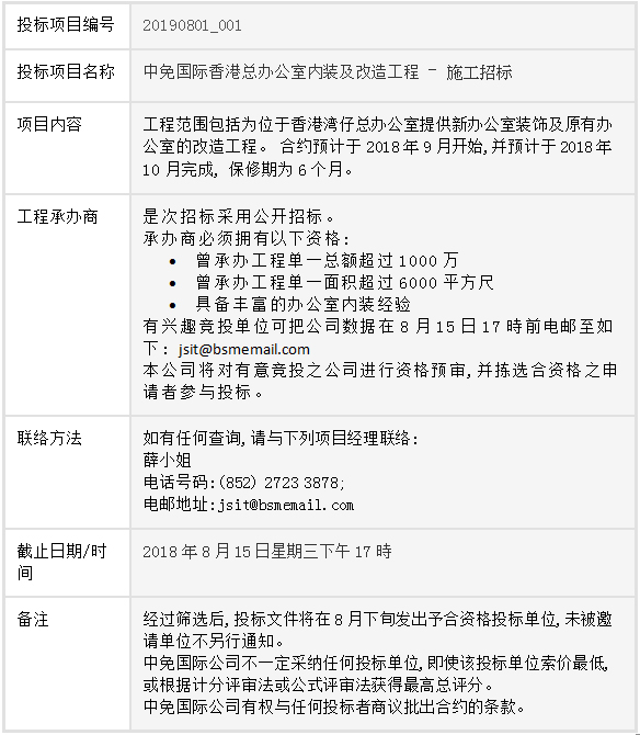 中免國際香港總辦公室內(nèi)裝及改造工程 – 施工招標(biāo)公告