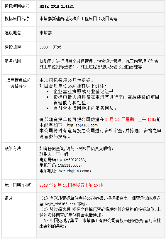 柬埔寨新建西港免稅店工程項目項目管理-招標公告